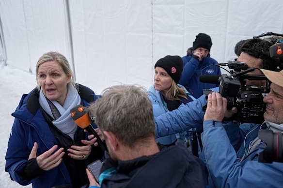 IOC President Kirsty Coventry front the media in Cortina after Vladyslav Heraskevych was banned from competition.