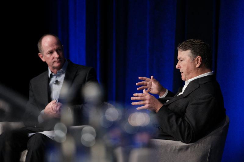 Charter Hall CEO David Harrison (right) with The Australian Financial Review’s property editor Nick Lenaghan on Tuesday.