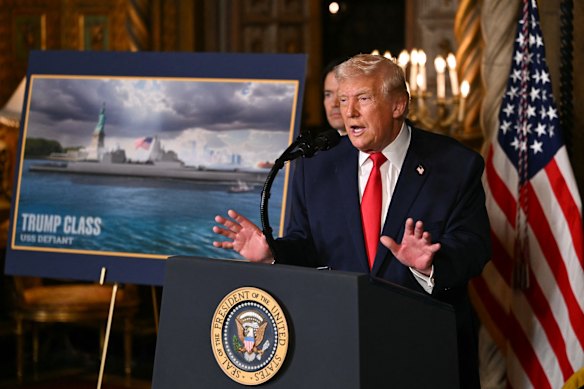 US President Donald Trump unveiling the new &ldquo;Trump-class&rdquo; battleship that would be part of the so-called Golden Fleet.