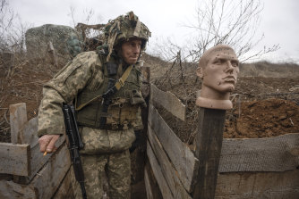 A Ukrainian soldier at the line of separation from pro-Russian rebels in the Donetsk region, Ukraine. 