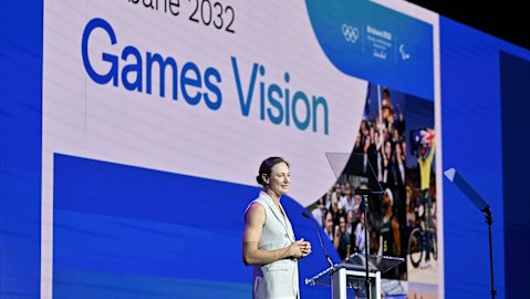 Retired Olympic swimming star Cate Campbell speaks at the Games vision announcement.