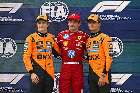 Pole position qualifier Charles Leclerc with Oscar Piastri and Lando Norris 