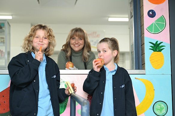 Mum Sally Wighton uses the canteen at Rowville Primary School once a week and is impressed with the healthy options available to her children Finley, 9, and Edith, 7.