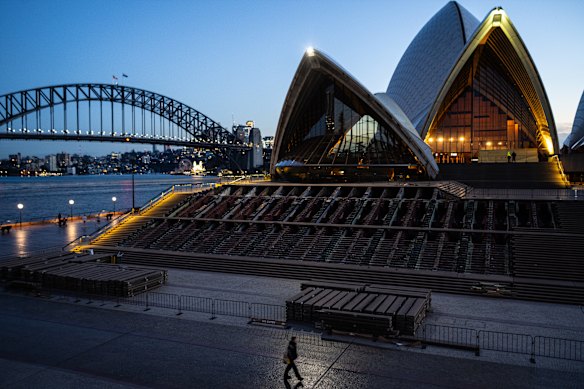 The Sydney Opera House steps stacked in piles on the forecourt. 