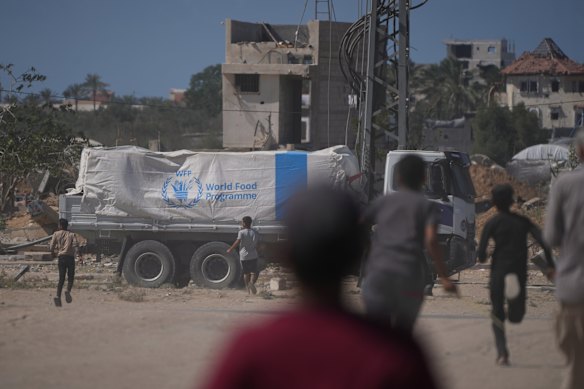 Aid trucks arrive in Deir al-Balah on Wednesday.