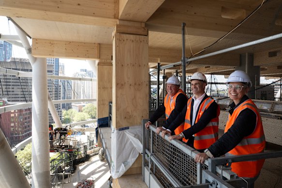 (From left) Peter Morley of Dexus, James Barta from Built and Atlassian’s Gina Creegan taking in the views from inside the “habitat”. 