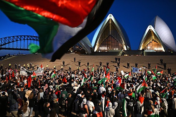 Free Palestine protest outside the Sydney Opera House on October 9. 