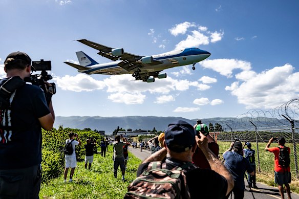 Air Force One carrying President Donald Trump landing at Geneva Airport ahead of the G7 summit, in Geneva, Switzerland.