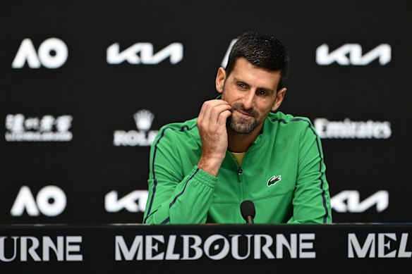 A disappointed yet reflective Djokovic in the post-match media conference. 