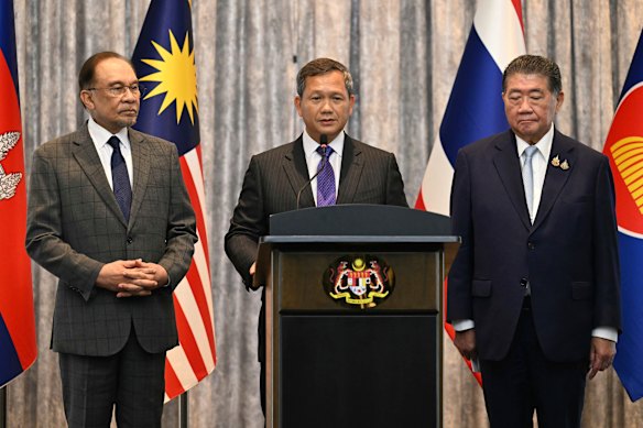 Cambodia’s Prime Minister Hun Manet, (centre) speaks during a press conference on Monday. He is flanked by  Malaysia’s Prime Minister Anwar Ibrahim and Thailand’s acting Prime Minister Phumtham Wechayachai.
