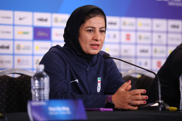 Maryam Azmoon, the then head coach of the Iranian women’s soccer team, at a press conference in Perth in October 2023.