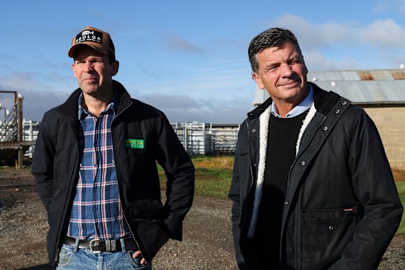 Nationals leader Matt Canavan (left) and Opposition Leader Angus Taylor during a visit to a farm in Bungendore, near Canberra, in May.