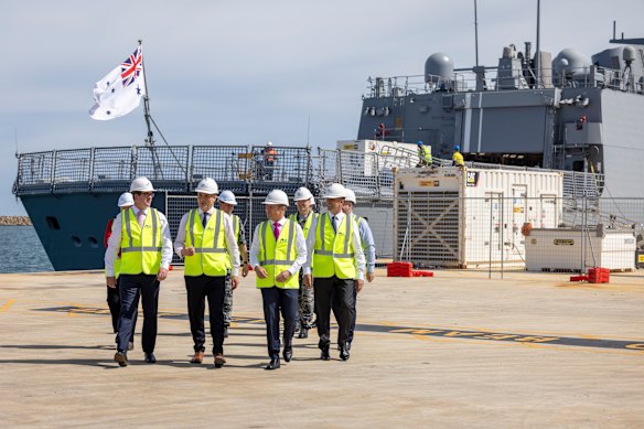 Defence Minister Richard Marles (front, second left) at the announcement in 2024 of the  Henderson Defence Precinct in Western Australia.