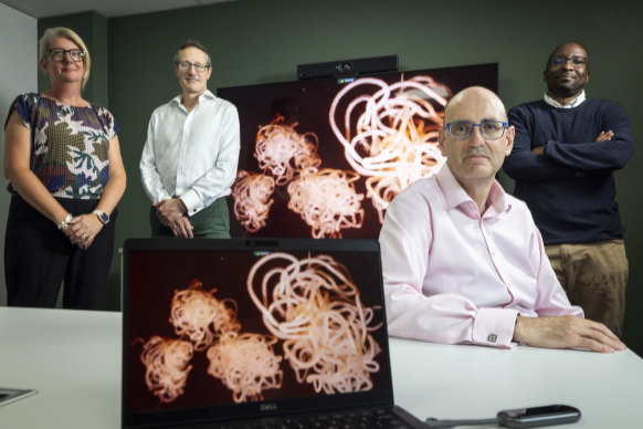 Amanda Handley, Brett Carter and Dr George Rugarabamu with Professor Mark Sullivan (front), managing director of Medicines Development for Global Health.