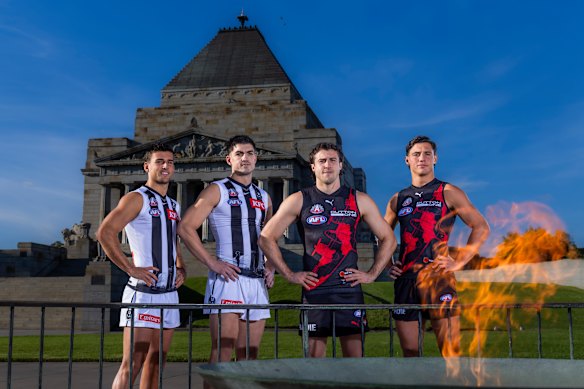 Nick Daicos, Brayden Maynard, Sam Andy McGrath and Jye Caldwell ahead of the AFL ANZAC Day match.