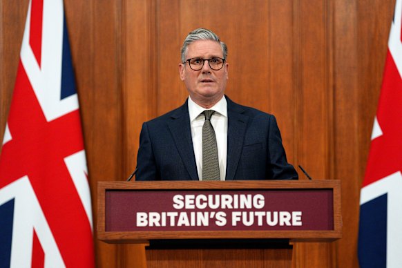 British Prime Minister Keir Starmer holds a press conference on nationalising British Steel.