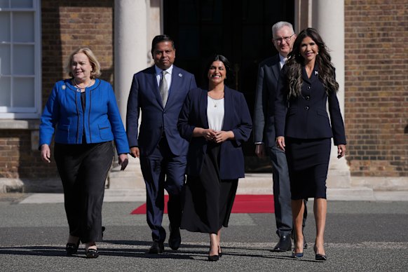 From left, New Zealand minister Judith Collins, Canadian minister Gary Anandasangaree, British Home Secretary Shabana Mahmood, Australian Home Affairs Minister Tony Burke and US Homeland Security Secretary Kristi Noem in London on Monday.