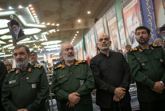 Islamic Revolutionary Guard Corps generals and commanders pictured at a funeral in July last year. Ahmad Vahidi, second from right, appears to be leading the current war effort.