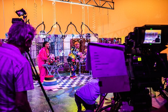 Behind the scenes of Play School, where  Zindzi Okenyo and Kaeng Chan perform Rock Around the Clock many, many times.