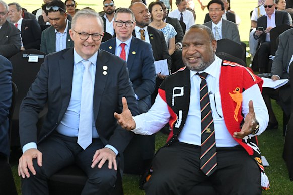 Australia’s Prime Minister Anthony Albanese and Papua New Guinea’s Prime Minister James Marape at a flag lowering ceremony in Port Moresby, Papua New Guinea.