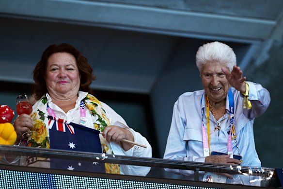 Gina Rinehart with Australian swimming legend Dawn Fraser at the Paris Olympics in 2024. 