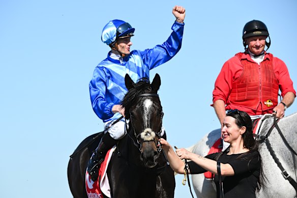 Ethan Brown salutes his Geelong Cup win on Point of Law.