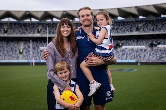 Geelong footballer Tom Stewart, pictured with his wife Emma, and children Arthur and Charlie ahead of his 200th game against Collingwood last Saturday.