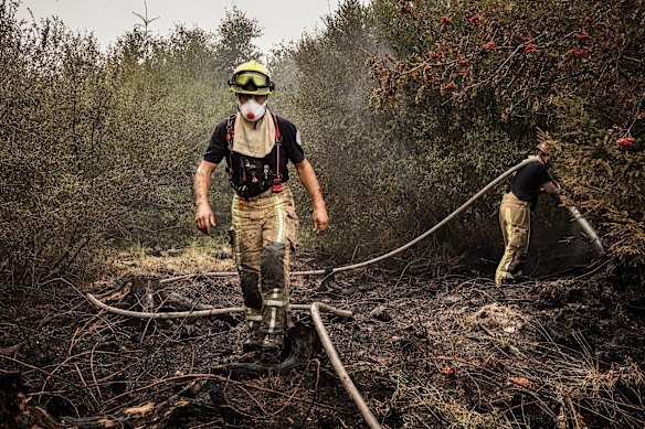 Firefighters work to extinguish wildfires at Hautes Fagnes near Waimes, Belgium