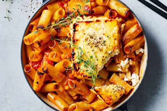 Tomato, harissa and chickpea pasta with charred hot honey feta.