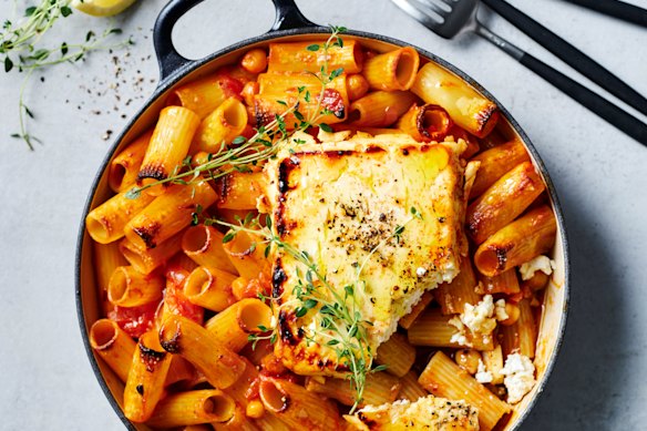 Tomato, harissa and chickpea pasta with charred hot honey feta.