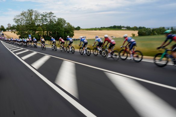The pack rides during the eleventh stage of the Tour de France cycling race with start in Vichy and finish in Nevers, France.