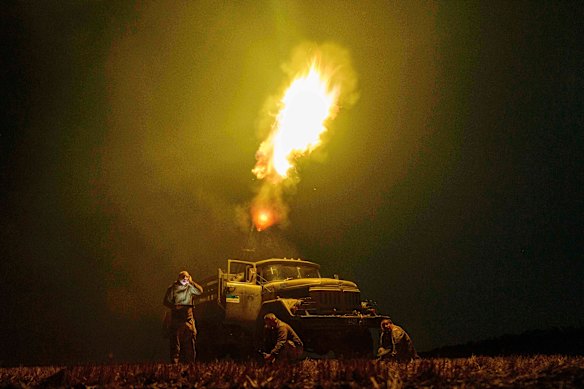 Ukrainian soldiers fire at Russian drones in the Dnipropetrovsk region of Ukraine on Sunday.