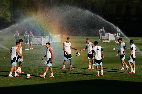 Argentina national team members work out during practice for the FIFA World Cup soccer in Kansas City, Kansas.