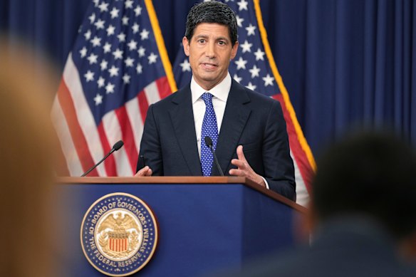 Federal Reserve chairman Kevin Warsh speaks at a press conference following the announcement.