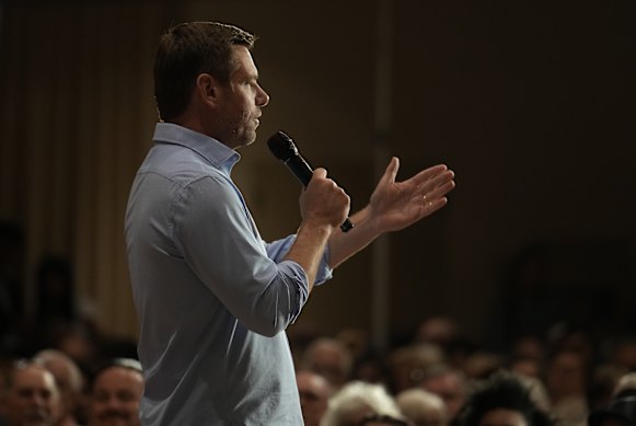 Eric Swalwell speaking at a town hall meeting in Sacramento, California, last week.