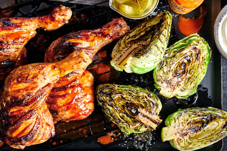 Chargrilled buffalo chicken with grilled cabbage and ranch dressing.