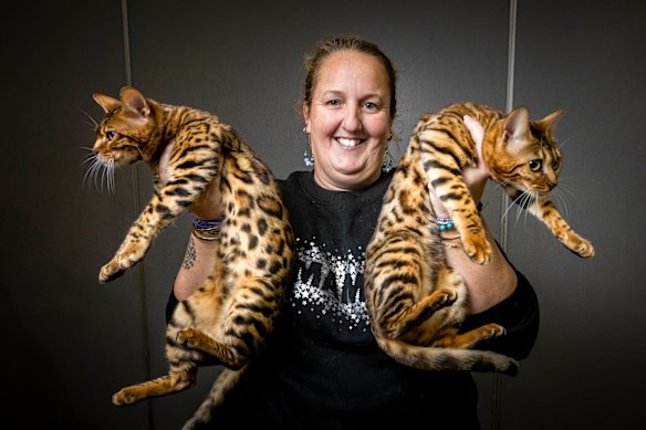 Sarah Jones with her Bengal cats Bitzie and MnM at Melbourne’s Oz Feline Fair in May.