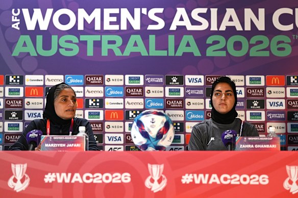Iranian Women’s national soccer team coach Marziyeh Jafari (left) and captain Zahra Ghanbari during the Women’s Asian Cup Iran press conference on the Gold Coast on Sunday. The team is in Australia to compete in their second Women’s Asian Cup.