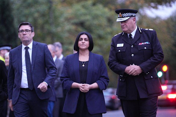 Manchester Chief Constable Stephen Watson after the October 2 attack with Manchester Mayor Andy Burnham (left) and Secretary of State for the Home Department Shabana Mahmood.