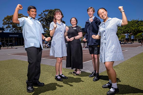 East Doncaster Secondary College principal Karen Boyle with students Ryan Thomas, Alice Davine, Aethon Konstas and Chloe Chang.