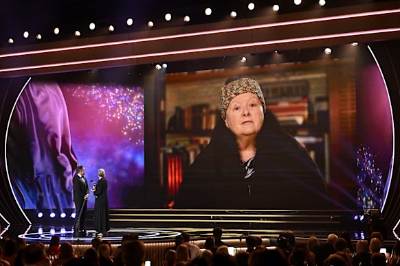 Magda Szubanski accepts her Hall of Fame Award via video link during the Logie Awards. 