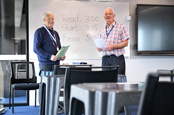 Former teachers Russell Jackson (left) and David Williams oversee VCE exams. 