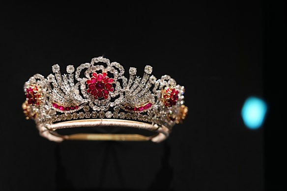 Queen Elizabeth Burmese ruby tiara on display.