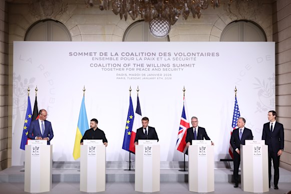 Leaders gather for talks on Ukraine security on Tuesday. From left, Friedrich Merz of Germany, Volodymyr Zelensky of Ukraine, Emmanuel Macron of France and Keir Starmer of the UK join US Special Envoy Steve Witkoff and Jared Kushner.