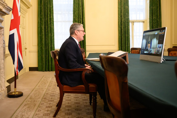 British Prime Minister Keir Starmer speaks with other world leaders during a video conference at 10 Downing Street on Saturday.