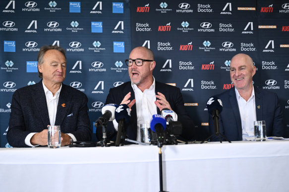 Former Carlton CEO Brian Cook, left, with former president Luke Sayers and Cook’s replacement Graham Wright. 