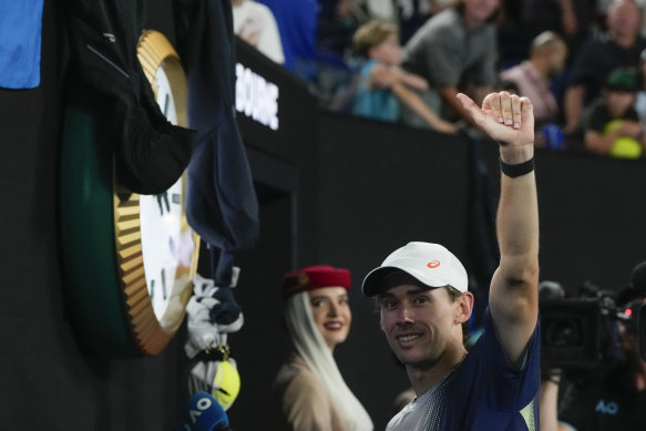 Alex de Minaur soaks up the love from the Melbourne Park crowd after his fourth round win.