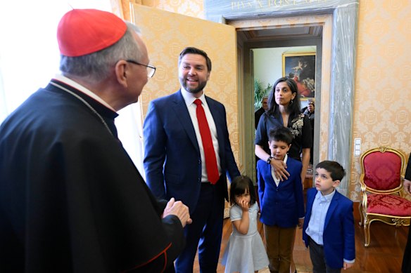 Vatican City Secretary of State Cardinal Pietro Parolin meets with US Vice President J.D. Vance, his daughter Mirabel, his wife Usha, and their sons Ewan and Vivek at the Vatican.