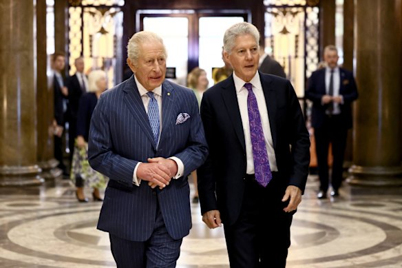 King Charles meets Australia’s High Commissioner to the United Kingdom, Stephen Smith, at the Australian High Commission in London on Thursday. 
