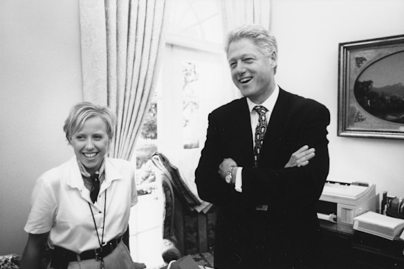 Laura Schwartz and President Bill Clinton in the outer office of the Oval Office. 